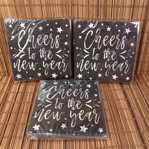 48 Count Cheers To The New Year Cocktail Party Beverage Napkins Black Silver